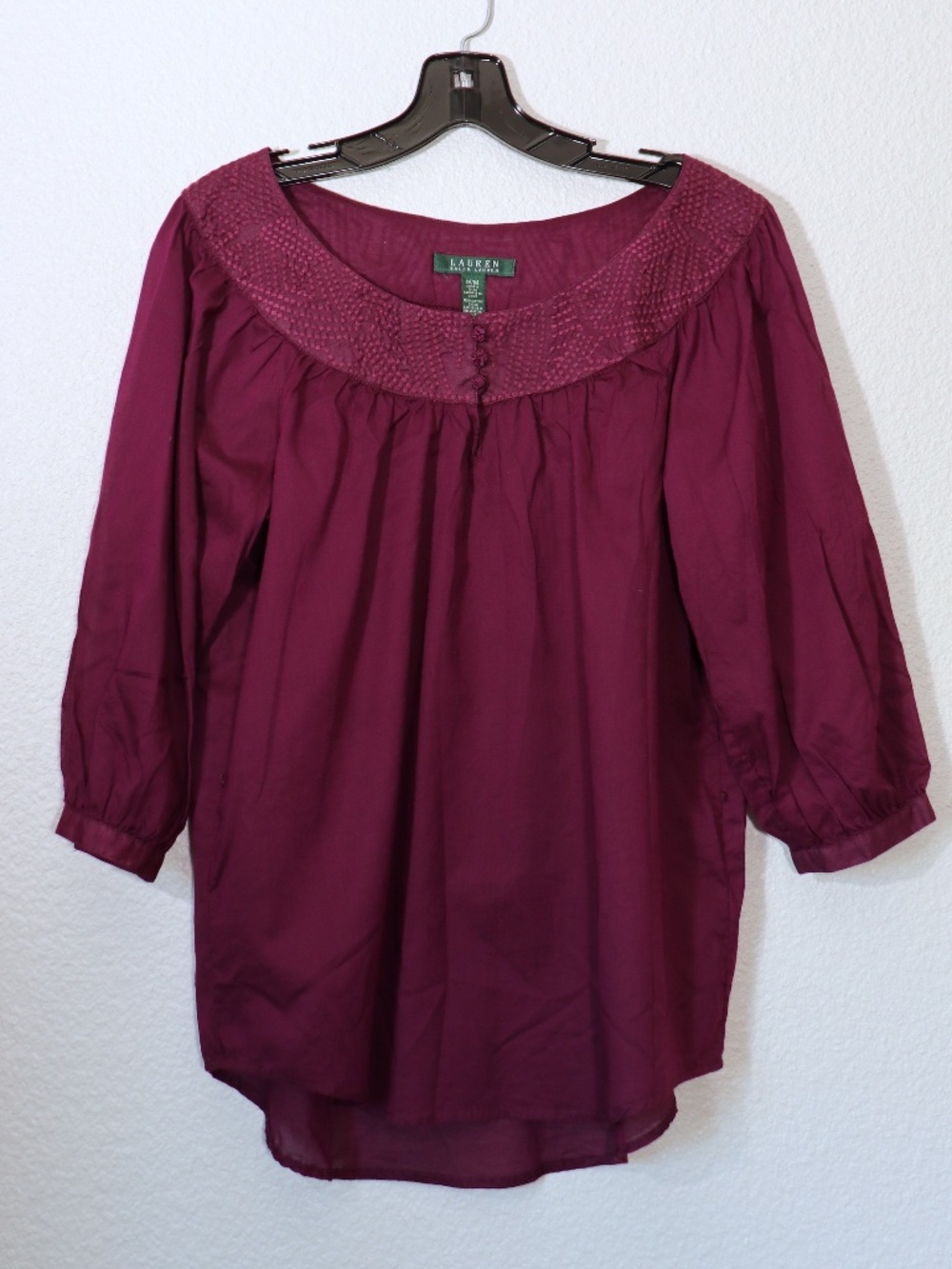 Lauren semi-sheer plum colored cotton peasant blouse